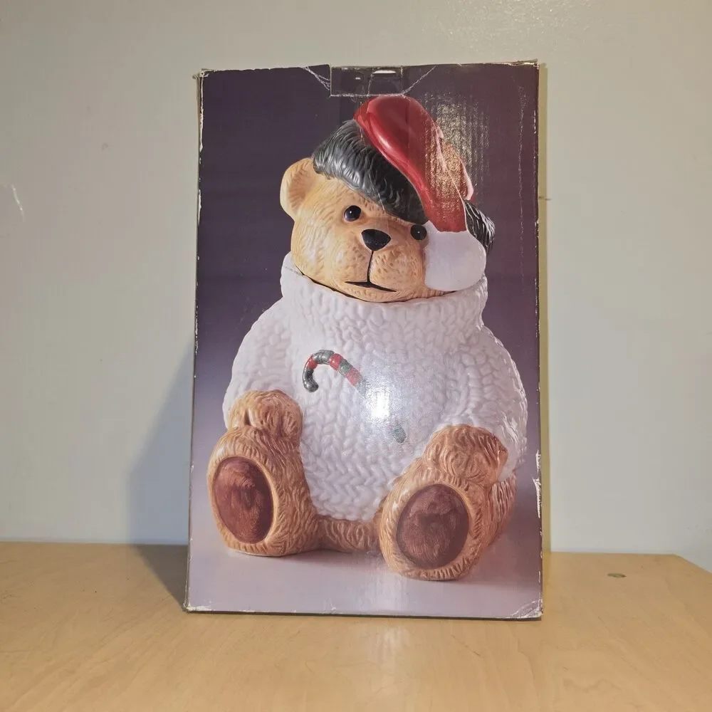Vintage Ceramic Teddy Bear Cookie Jar Barrel Winter Holiday Xmas